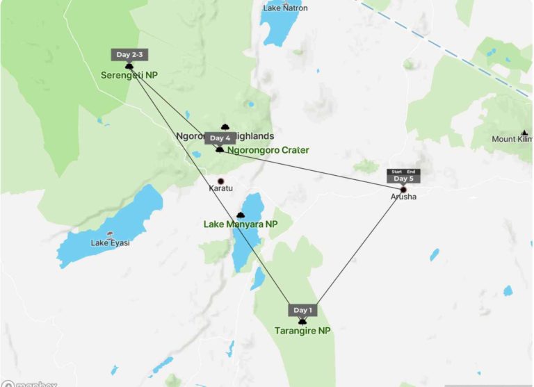 5 Days Tanzania Tented Camp safari tour Map