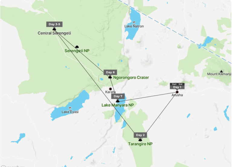 7 Days Tanzania Tented Camp Safari Map