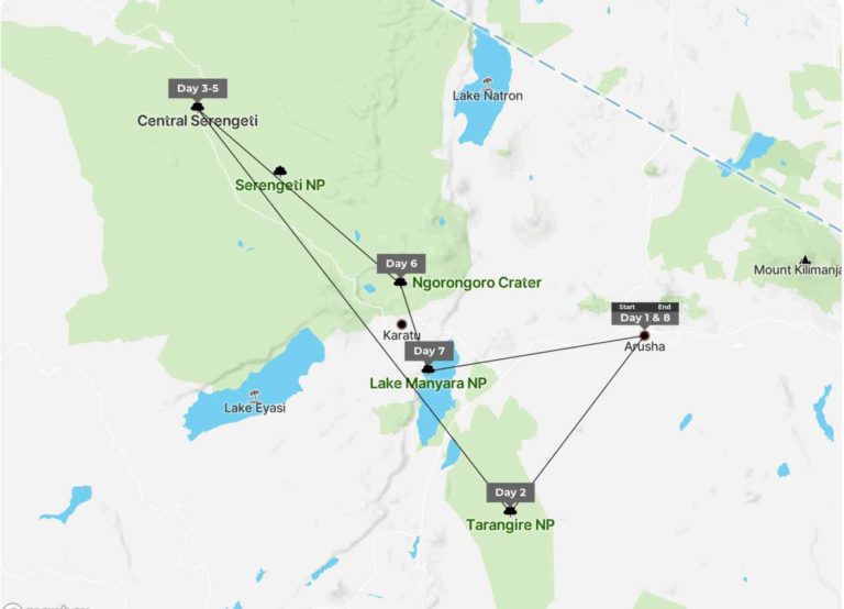 8 Days Tanzania Tented Camp Safari Map